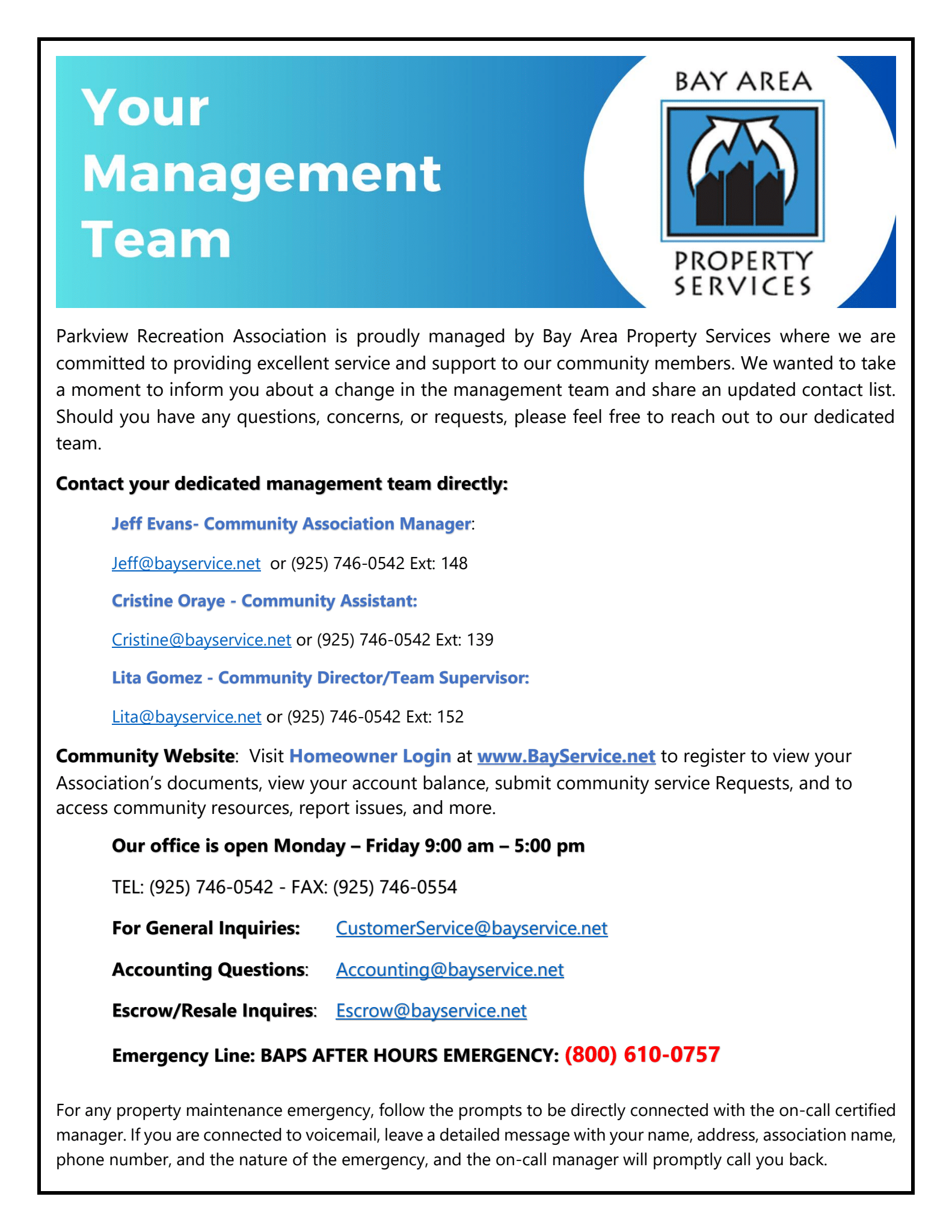 Flyer with management contact info